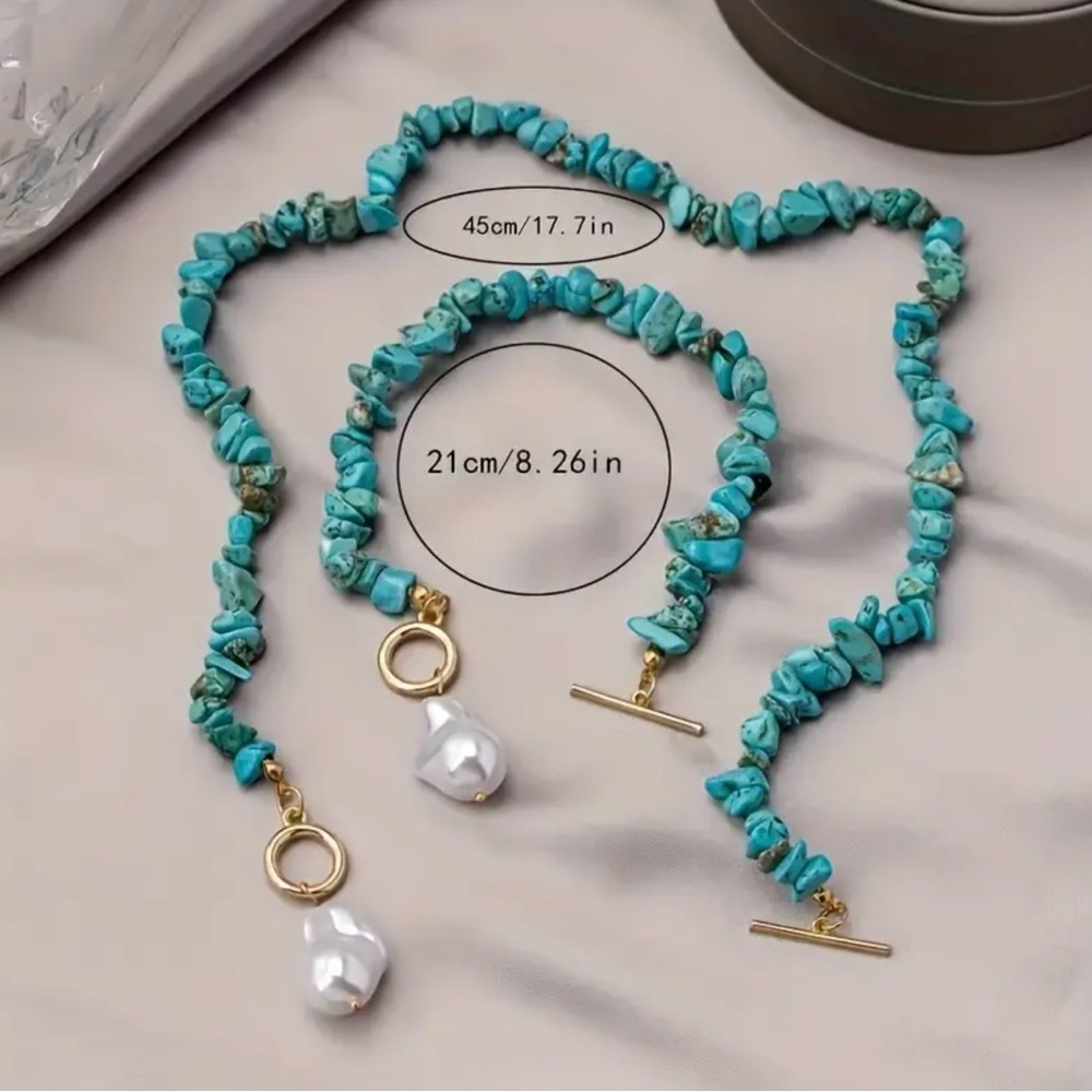 Turquoise and Gold Jewelry Set with Pearl Accents - Picture 4 of 9